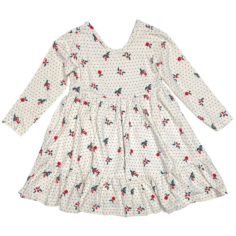 Hanna Andersson Ruffle Skater Dress Size 3T Ecru Holly Polka Dots Long Sleeves